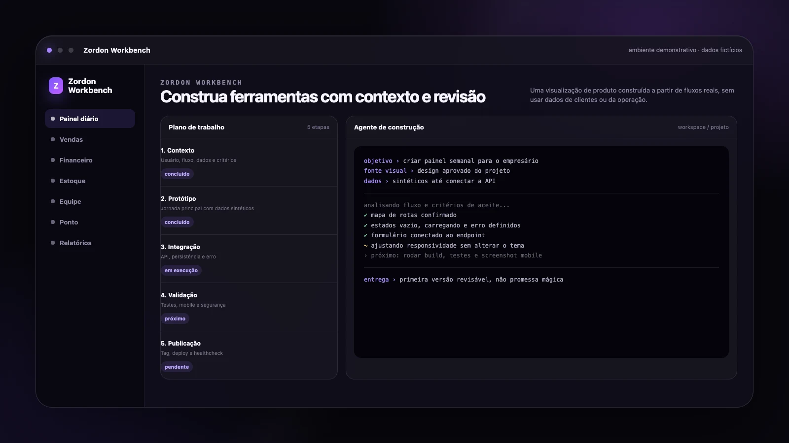 Ambiente de construção assistida com plano, integração e validação